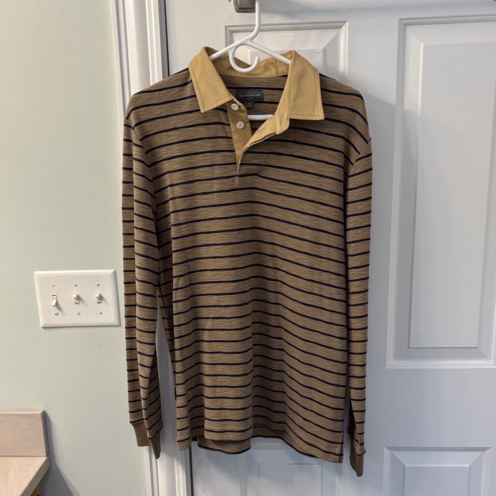 L.L. Bean Signature Men's Tan and Black Striped Long-Sleeve Polo